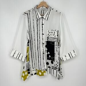 Paco Soler Button Top Womens Large Moon Light Print Yellow Black Abstract Blouse